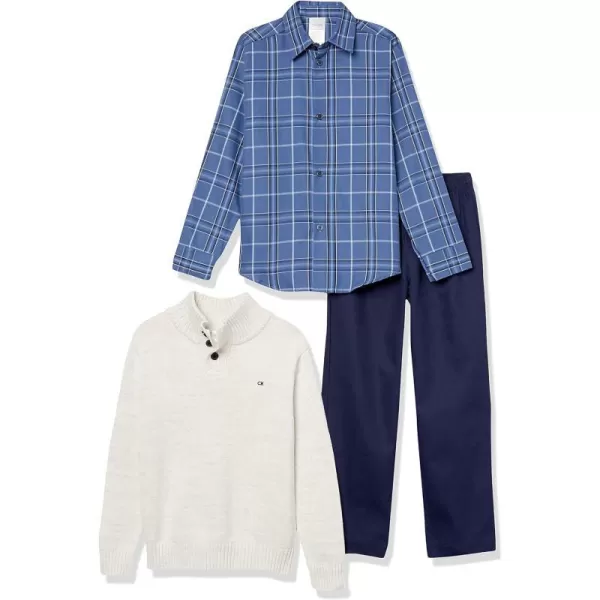 Calvin Klein Boys 3piece Sweater Set With Matching Buttondown Shirt and PantsLinen Marled