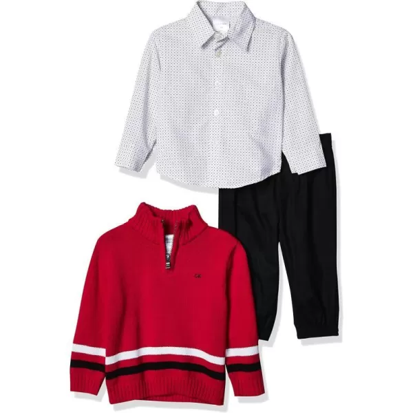 Calvin Klein Boys 3piece Sweater Set With Matching Buttondown Shirt and PantsRed Block