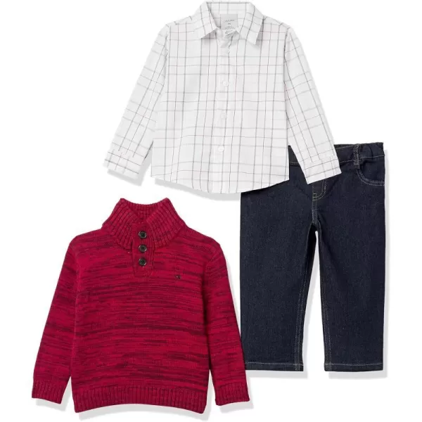 Calvin Klein Boys 3piece Sweater Set With Matching Buttondown Shirt and PantsRed Marled