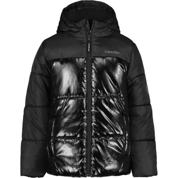 Calvin Klein Boys Heavyweight Hooded Bubble Jacket with Polar Fleece LiningBlack Shine