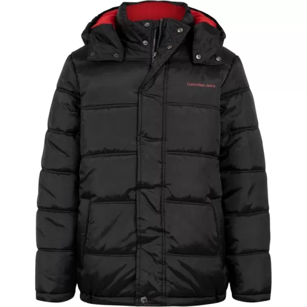 Calvin Klein Boys Heavyweight Hooded Bubble Jacket with Polar Fleece LiningEclipse BlackRed