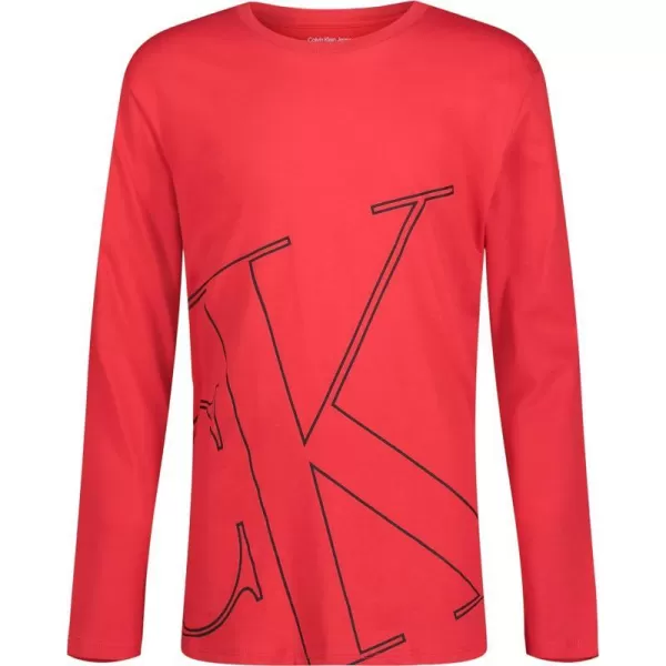 Calvin Klein Boys Long Sleeve Crew Neck TShirt Soft Comfortable Relaxed FitBig Tilted Ck Racing Red