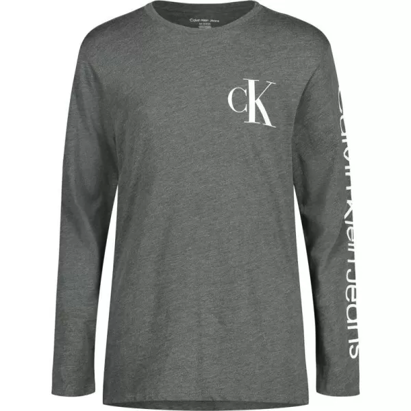 Calvin Klein Boys Long Sleeve Crew Neck TShirt Soft Comfortable Relaxed FitSimply Vertical Deep Forest Heather