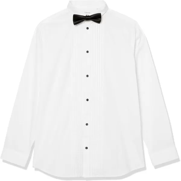 Calvin Klein Boys Long Sleeve Tuxedo Dress Shirt with Bow Tie ButtonDown Style with Classic Pleated Bib Matching HankyWhite