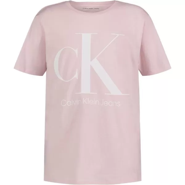 Calvin Klein Boys Short Sleeve Logo Crew Neck TShirt Soft Comfortable Relaxed FitBig Logo Pink Frost