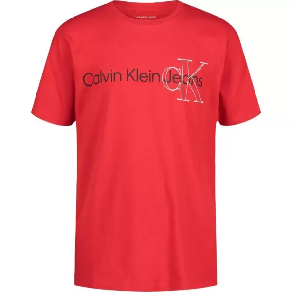 Calvin Klein Boys Short Sleeve Logo Crew Neck TShirt Soft Comfortable Relaxed FitDouble Logo Racing Red