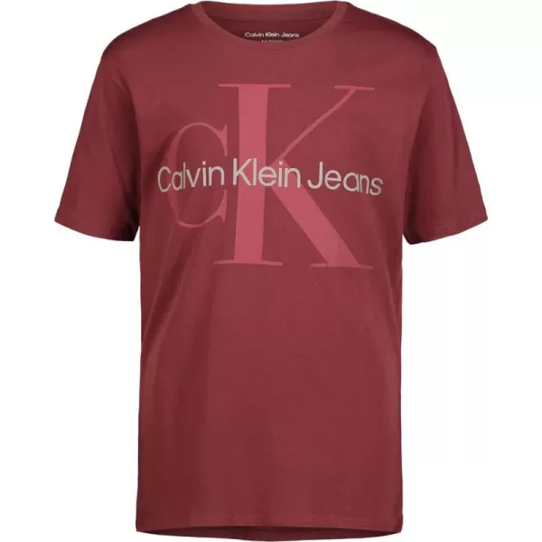 Calvin Klein Boys Short Sleeve Logo Crew Neck TShirt Soft Comfortable Relaxed FitMono Logo Mocha Moment