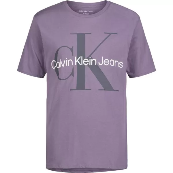 Calvin Klein Boys Short Sleeve Logo Crew Neck TShirt Soft Comfortable Relaxed FitMono Logo Plum Frost