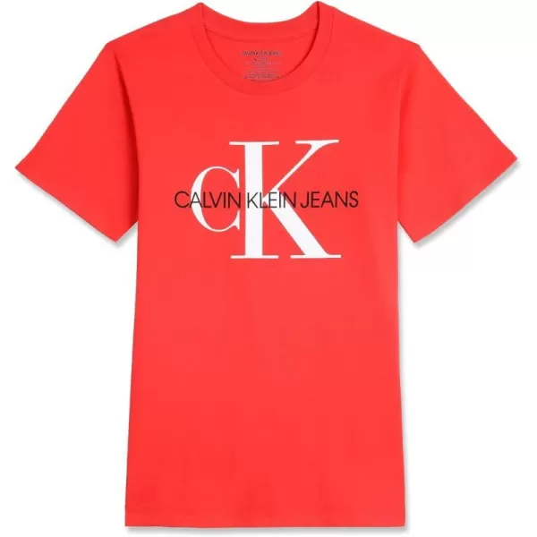 Calvin Klein Boys Short Sleeve Logo Crew Neck TShirt Soft Comfortable Relaxed FitRacing Red