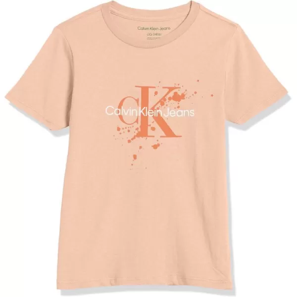 Calvin Klein Boys Short Sleeve Logo Crew Neck TShirt Soft Comfortable Relaxed FitSplatter Tan