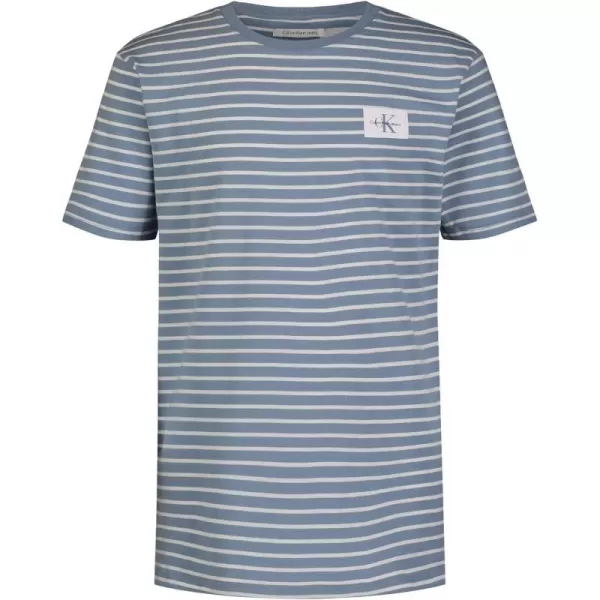 Calvin Klein Boys Short Sleeve Striped Crew Neck TShirt Soft Comfortable Relaxed FitLinear Faded Denim