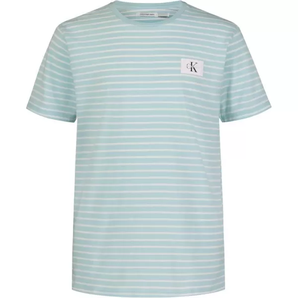 Calvin Klein Boys Short Sleeve Striped Crew Neck TShirt Soft Comfortable Relaxed FitLinear Light Blue