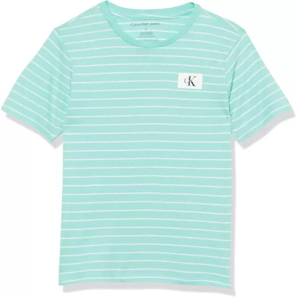 Calvin Klein Boys Short Sleeve Striped Crew Neck TShirt Soft Comfortable Relaxed FitLinear Seafoam