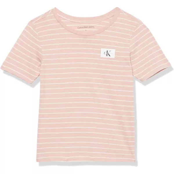 Calvin Klein Boys Short Sleeve Striped Crew Neck TShirt Soft Comfortable Relaxed FitLinear Silver Pink