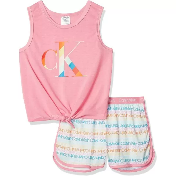 Calvin Klein Girls 2 Piece Sleepwear TShirt and Shorts Pajama Set PjSachet PinkRainbow