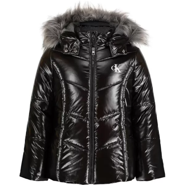 Calvin Klein Girls Hooded Winter Puffer Jacket FullLength Heavy Weight Coat with Fleece Lining Black Logo TapeCalvin Klein Girls Hooded Winter Puffer Jacket FullLength Heavy Weight Coat with Fleece Lining Black Logo Tape