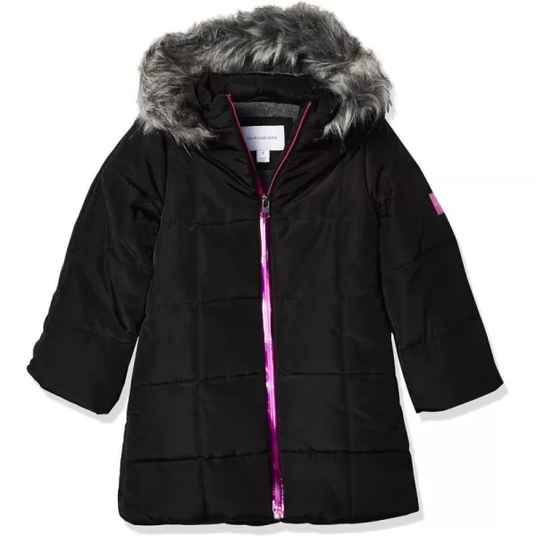 Calvin Klein Girls Hooded Winter Puffer Jacket FullLength Heavy Weight Coat with Fleece LiningBlack Metallic