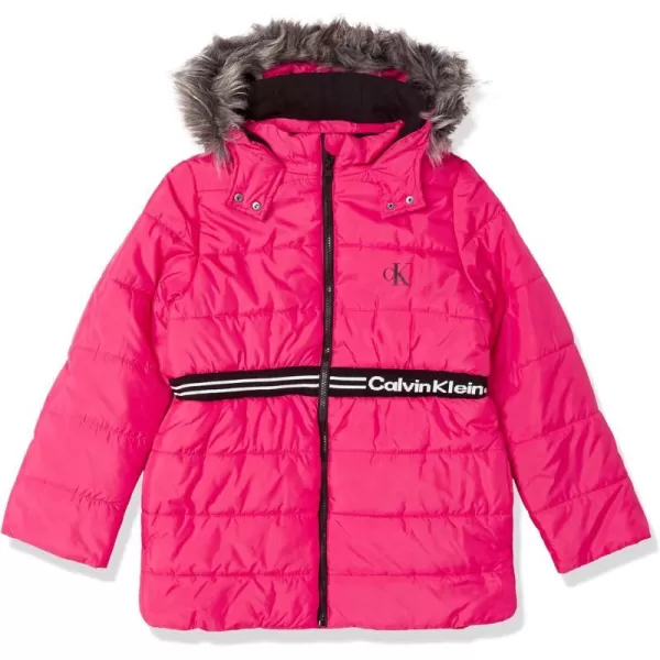 Calvin Klein Girls Hooded Winter Puffer Jacket FullLength Heavy Weight Coat with Fleece LiningRasberry Logo Waist