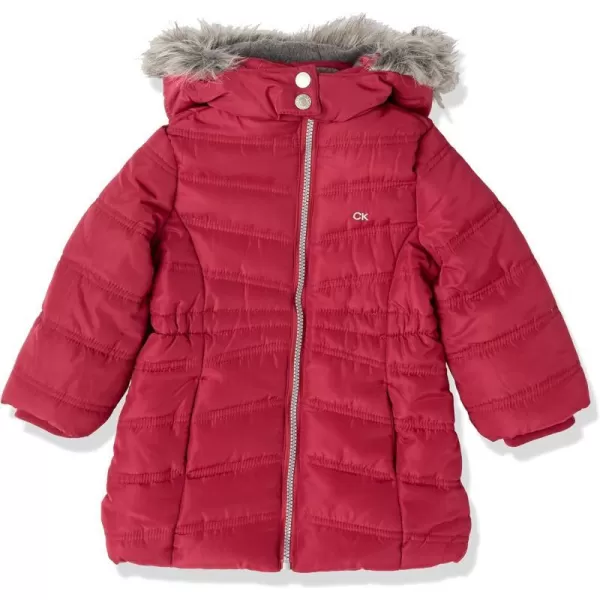 Calvin Klein Girls Hooded Winter Puffer Jacket FullLength Heavy Weight Coat with Fleece LiningRedberry Aerial