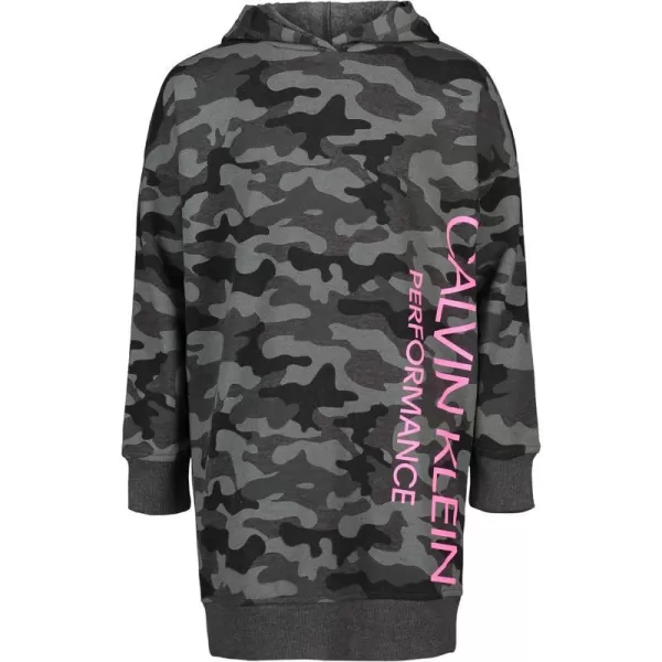 Calvin Klein Girls Performance Logo Sweatshirt Dress Fleece Hoodie with Long Or Short SleevesCharcoal Camo