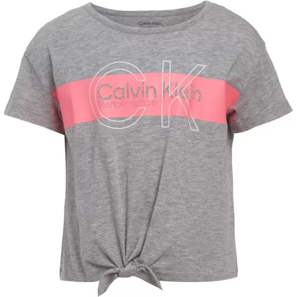 Calvin Klein Girls Performance Logo TShirt with Front Tie Short Sleeve Tee amp Drop Shoulder StyleGrey Chest Stripe