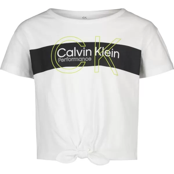 Calvin Klein Girls Performance Logo TShirt with Front Tie Short Sleeve Tee amp Drop Shoulder StyleWhite Chest Stripe