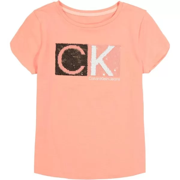 Calvin Klein Girls Short Sleeve Cotton TShirt with Flip Sequin Design amp Tagless InteriorDesert Flower Box