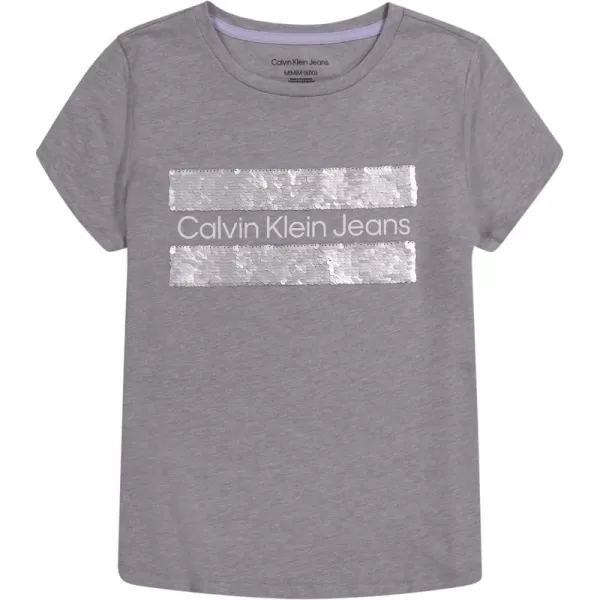 Calvin Klein Girls Short Sleeve Cotton TShirt with Flip Sequin Design amp Tagless InteriorGrey Block