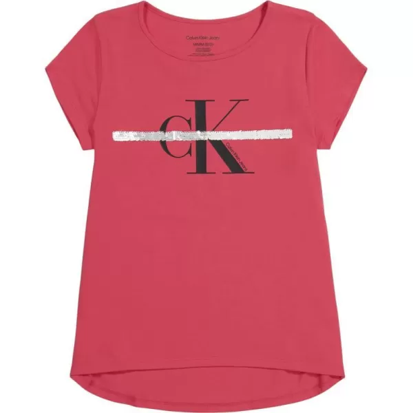 Calvin Klein Girls Short Sleeve Cotton TShirt with Flip Sequin Design amp Tagless InteriorHoneysuckle Stripe