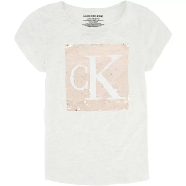 Calvin Klein Girls Short Sleeve Cotton TShirt with Flip Sequin Design amp Tagless InteriorOatmeal Pop