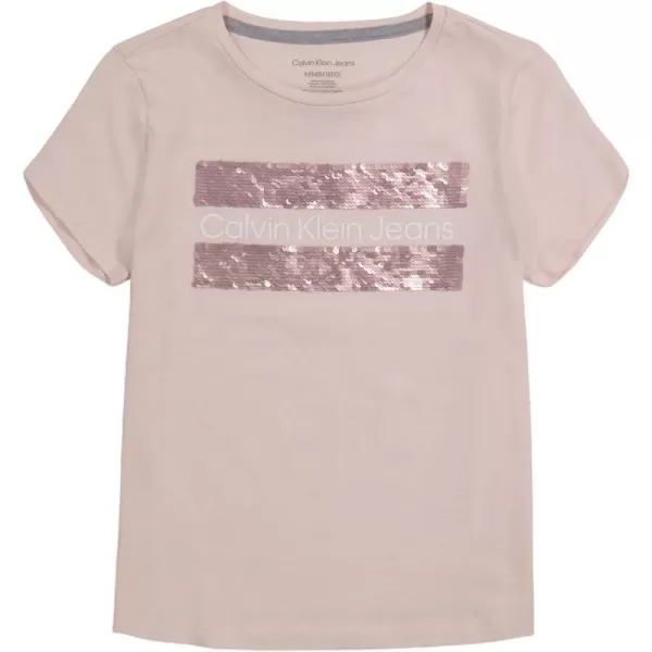 Calvin Klein Girls Short Sleeve Cotton TShirt with Flip Sequin Design amp Tagless InteriorPink Block