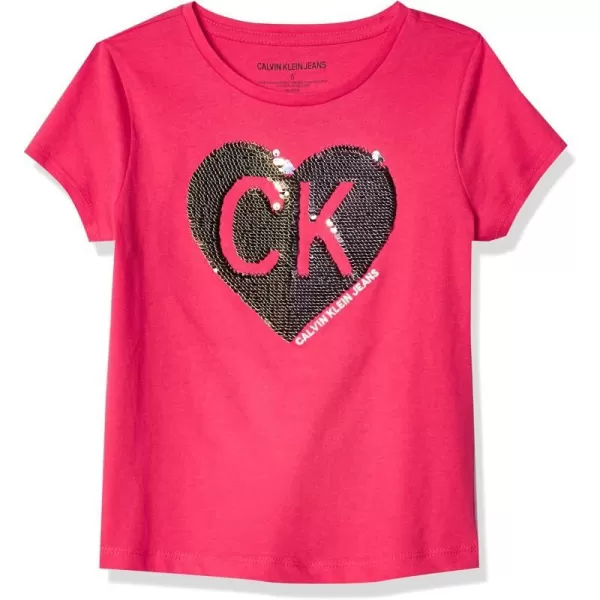 Calvin Klein Girls Short Sleeve Cotton TShirt with Flip Sequin Design amp Tagless InteriorRasberry Smile