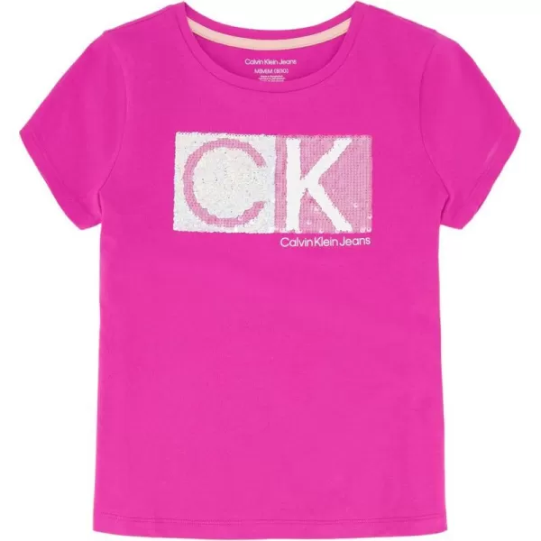 Calvin Klein Girls Short Sleeve Cotton TShirt with Flip Sequin Design amp Tagless InteriorRose Violet Box