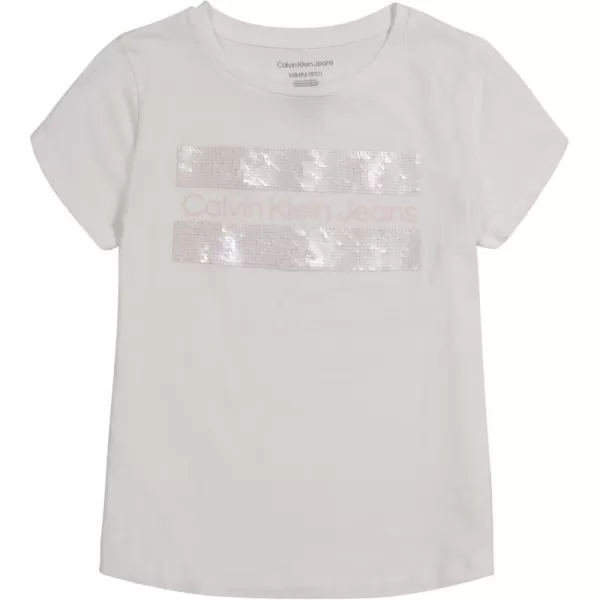 Calvin Klein Girls Short Sleeve Cotton TShirt with Flip Sequin Design amp Tagless InteriorWhite Block