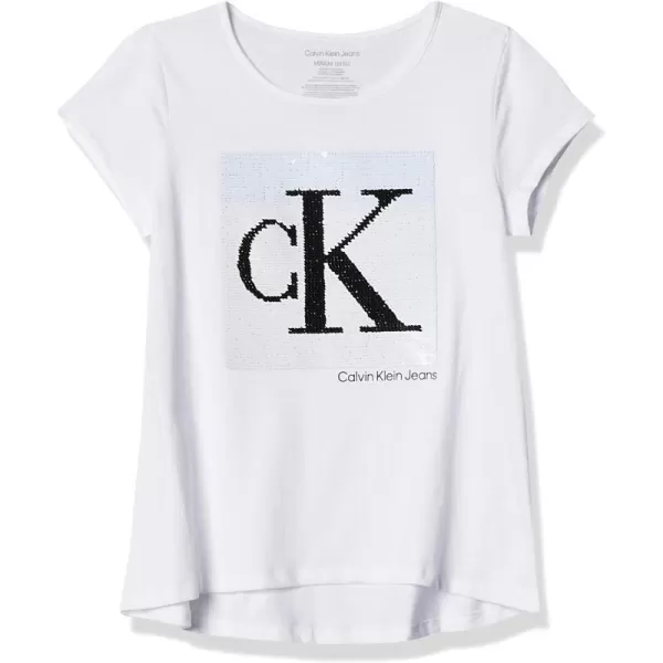 Calvin Klein Girls Short Sleeve Cotton TShirt with Flip Sequin Design amp Tagless InteriorWhite Pop