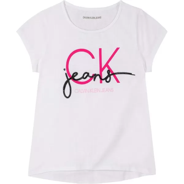 Calvin Klein Girls Short Sleeve Cotton TShirt with Flip Sequin Design amp Tagless InteriorWhite Sign Off