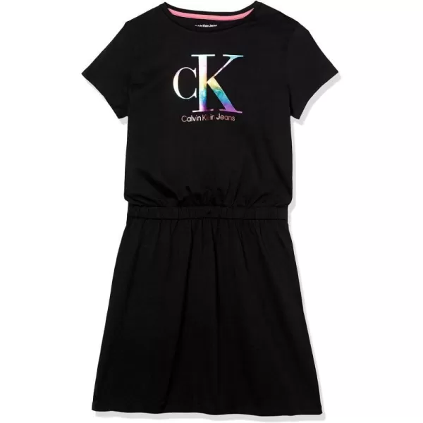 Calvin Klein Girls Short Sleeve Jersey Dress With Elastic Cinched WaistBlack Rainbow