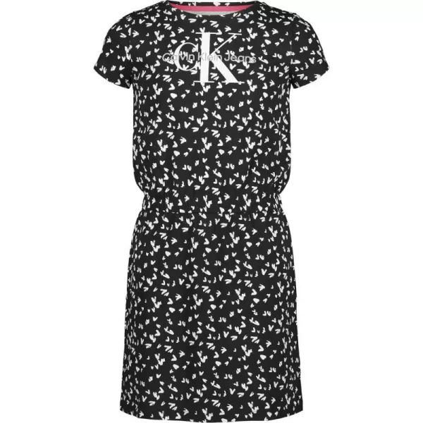 Calvin Klein Girls Short Sleeve Jersey Dress With Elastic Cinched WaistBlack Splatter