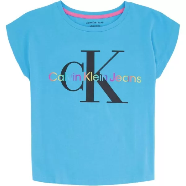 Calvin Klein Girls Short Sleeve Logo TShirt Comfortable Fit Cotton Tee with Tagless InteriorBleu Atoll Rainbow