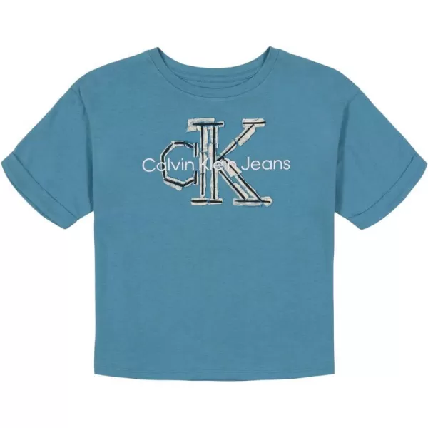Calvin Klein Girls Short Sleeve Logo TShirt Comfortable Fit Cotton Tee with Tagless InteriorBlue Collage