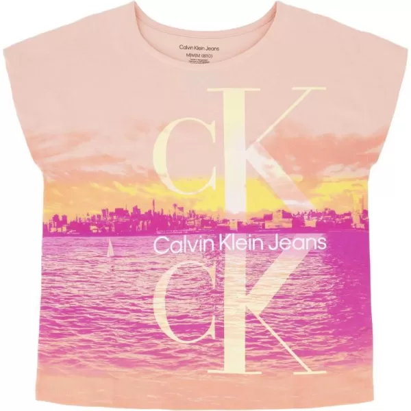 Calvin Klein Girls Short Sleeve Logo TShirt Comfortable Fit Cotton Tee with Tagless InteriorPeach Melba