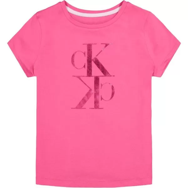 Calvin Klein Girls Short Sleeve Logo TShirt Comfortable Fit Cotton Tee with Tagless InteriorPink Poppy Mirror