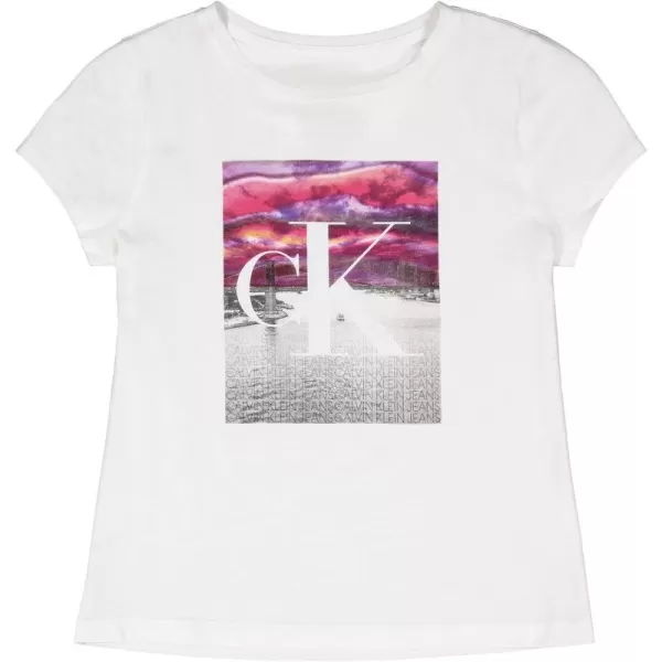 Calvin Klein Girls Short Sleeve Logo TShirt Comfortable Fit Cotton Tee with Tagless InteriorWhite City