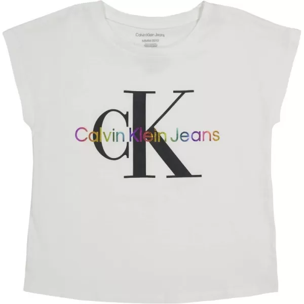 Calvin Klein Girls Short Sleeve Logo TShirt Comfortable Fit Cotton Tee with Tagless InteriorWhite Rainbow