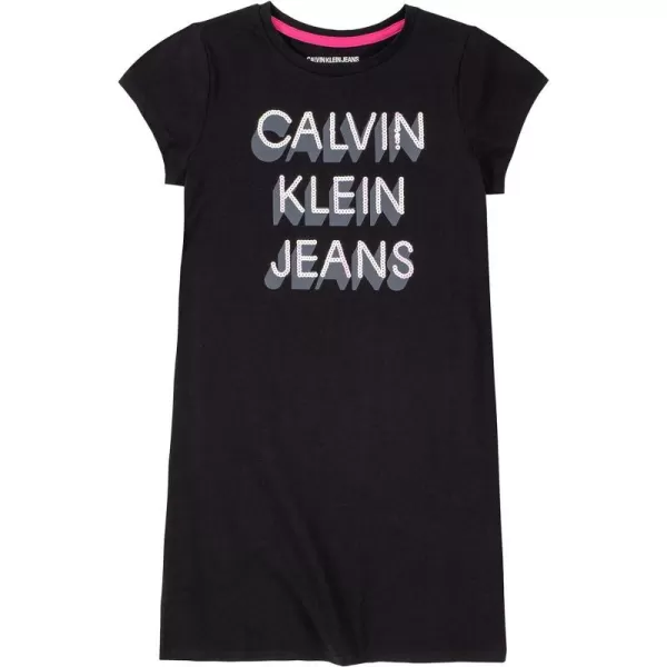 Calvin Klein Girls Short Sleeve TShirt Dress Pullover Style with CrewNeck Neckline Logo DetailingAnthracite Logo