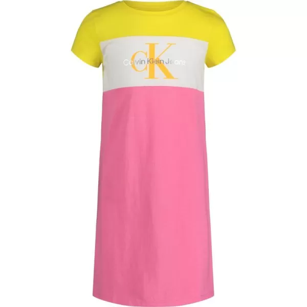 Calvin Klein Girls Short Sleeve TShirt Dress Pullover Style with CrewNeck Neckline Logo DetailingAzalea Pink