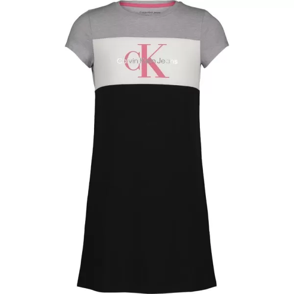 Calvin Klein Girls Short Sleeve TShirt Dress Pullover Style with CrewNeck Neckline Logo DetailingBlack Colorblock