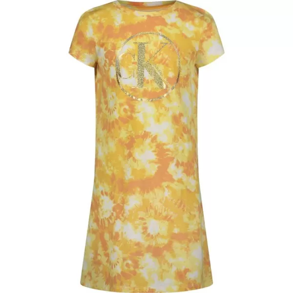 Calvin Klein Girls Short Sleeve TShirt Dress Pullover Style with CrewNeck Neckline Logo DetailingDesert Flower Dye