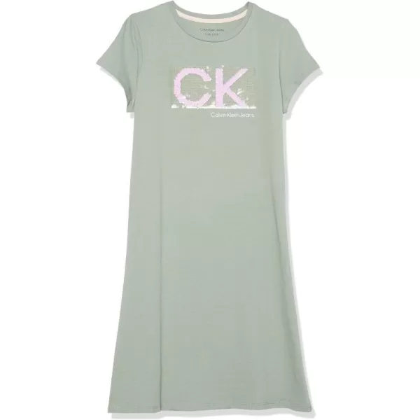 Calvin Klein Girls Short Sleeve TShirt Dress Pullover Style with CrewNeck Neckline Logo DetailingGreen Bay Sequins