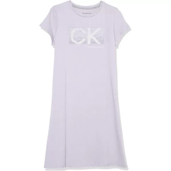 Calvin Klein Girls Short Sleeve TShirt Dress Pullover Style with CrewNeck Neckline Logo DetailingLavender Sequins